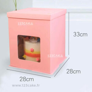 Boîte Haute pour Layer Cake - Rose avec fenêtre - 28x28x33cm - 123CAKE