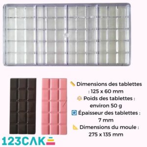 Moule à chocolat en polycarbonate, dimensions 275 x 135 mm, pour tablettes de 125 x 60 mm.